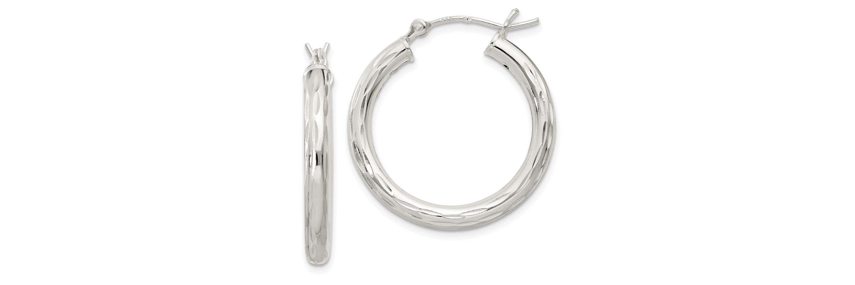 Sterling Silver Diamond-cut Satin 3x25mm Hoop Earrings