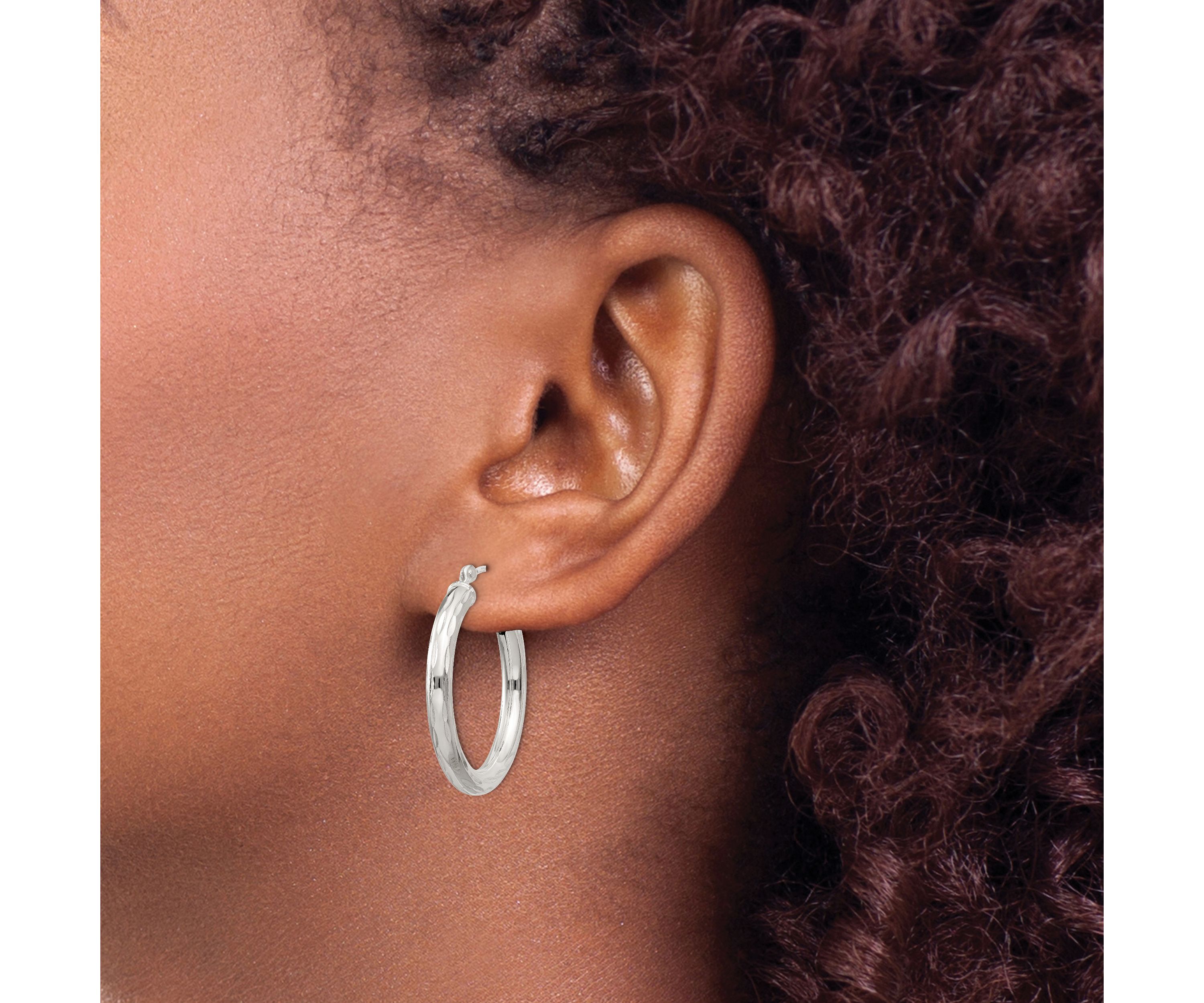 Sterling Silver Diamond-cut Satin 3x25mm Hoop Earrings