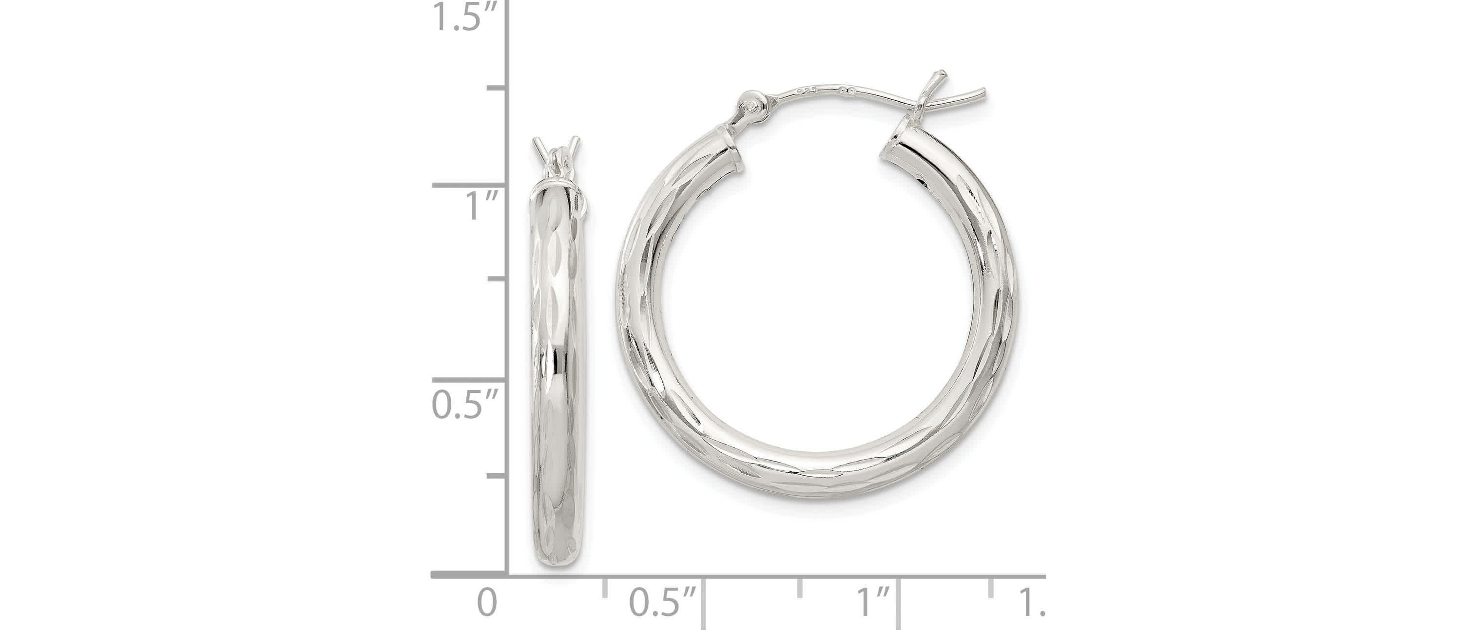 Sterling Silver Diamond-cut Satin 3x25mm Hoop Earrings