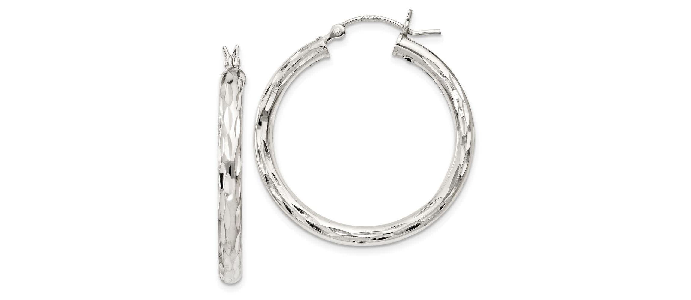 Sterling Silver Diamond-cut Satin 3x30mm Hoop Earrings