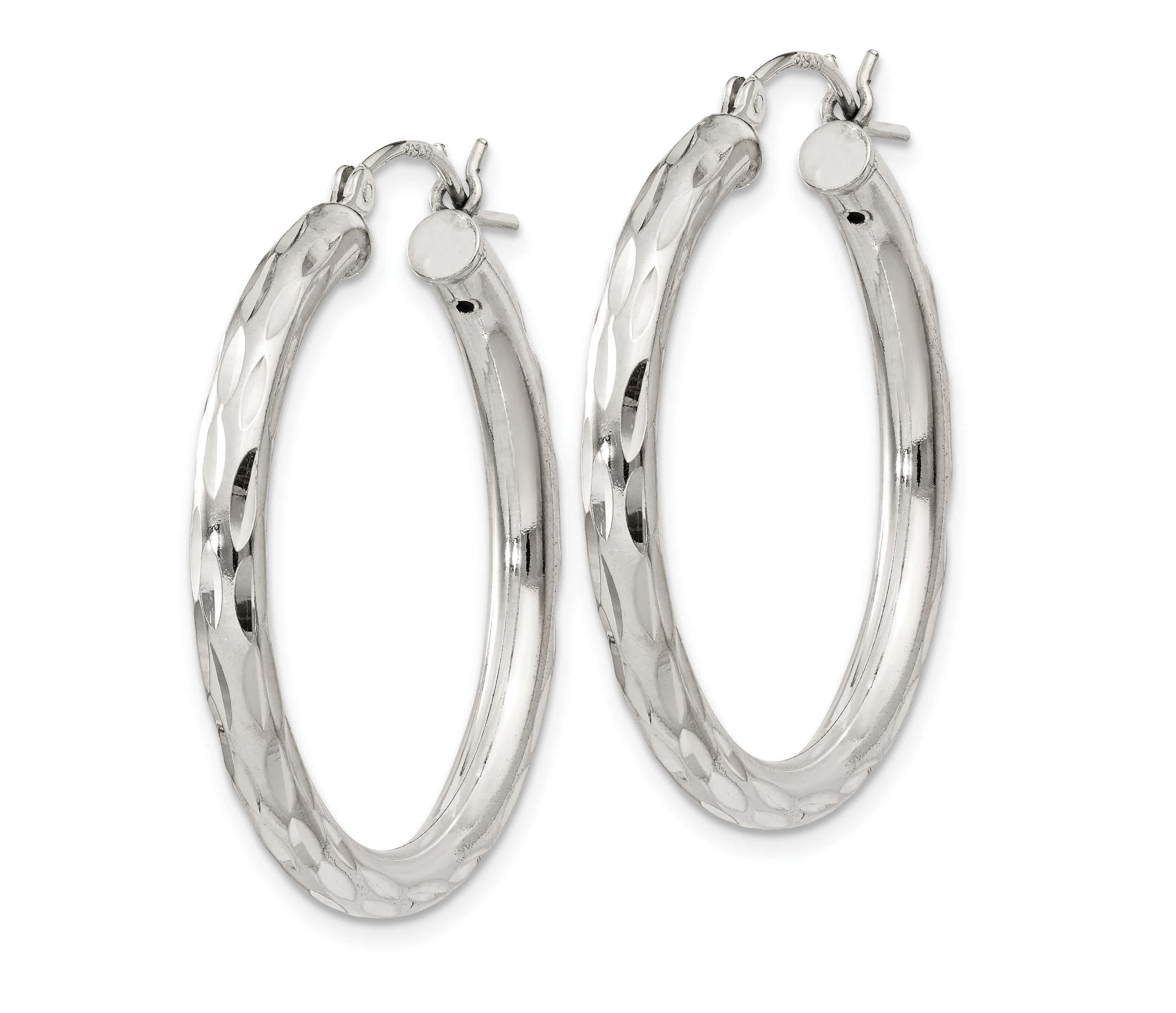 Sterling Silver Diamond-cut Satin 3x30mm Hoop Earrings