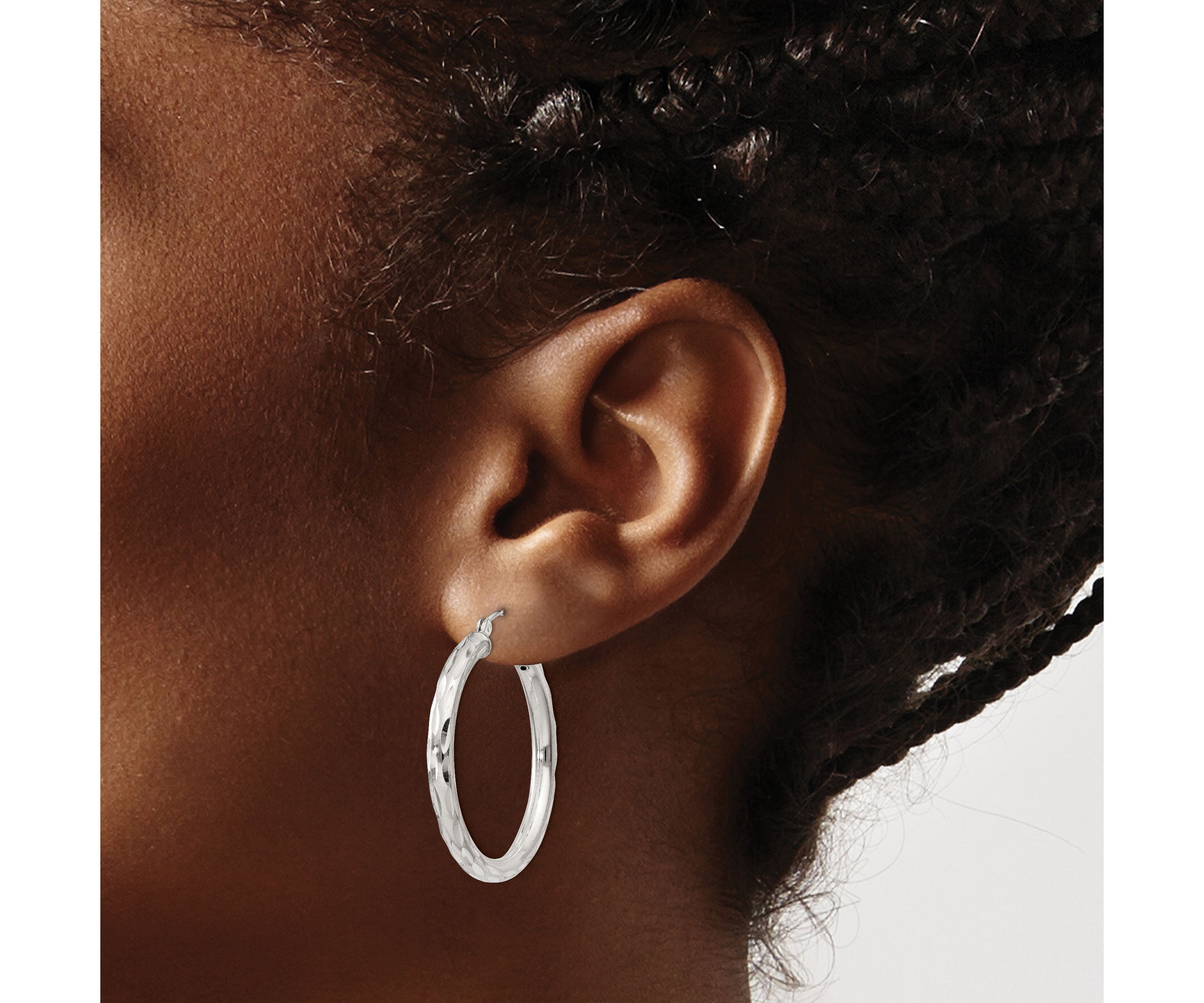 Sterling Silver Diamond-cut Satin 3x30mm Hoop Earrings