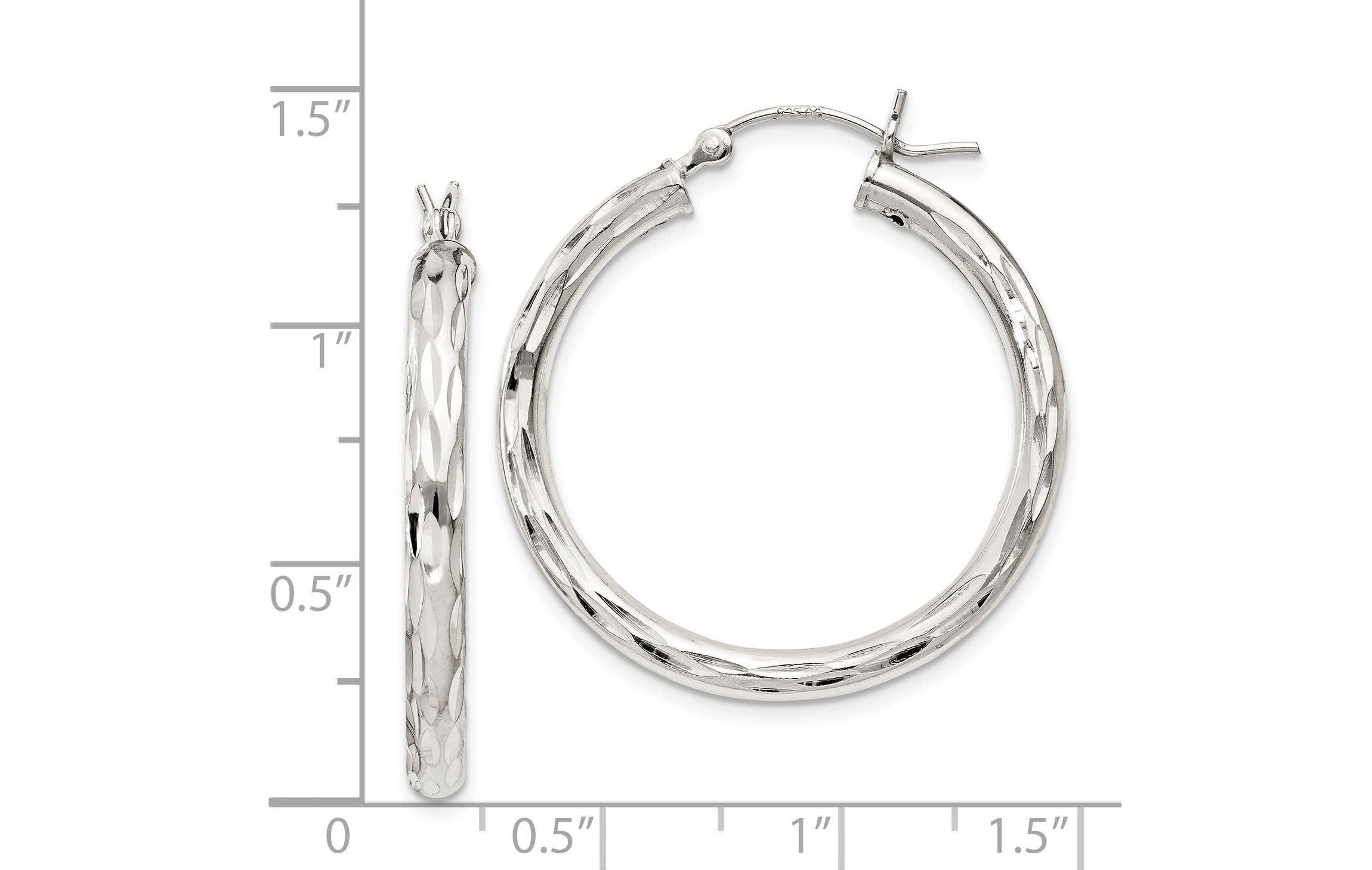 Sterling Silver Diamond-cut Satin 3x30mm Hoop Earrings
