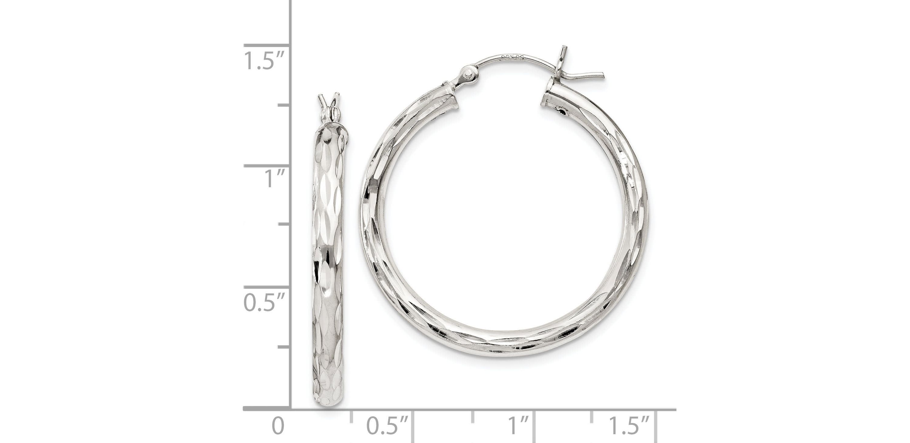 Sterling Silver Diamond-cut Satin 3x30mm Hoop Earrings