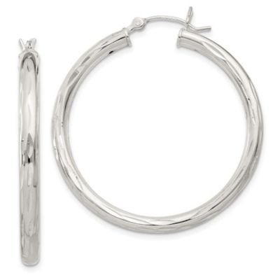 Luxury Giftware by Jere Sterling Silver Diamond-cut Satin 3x35mm Hoop Earrings, White