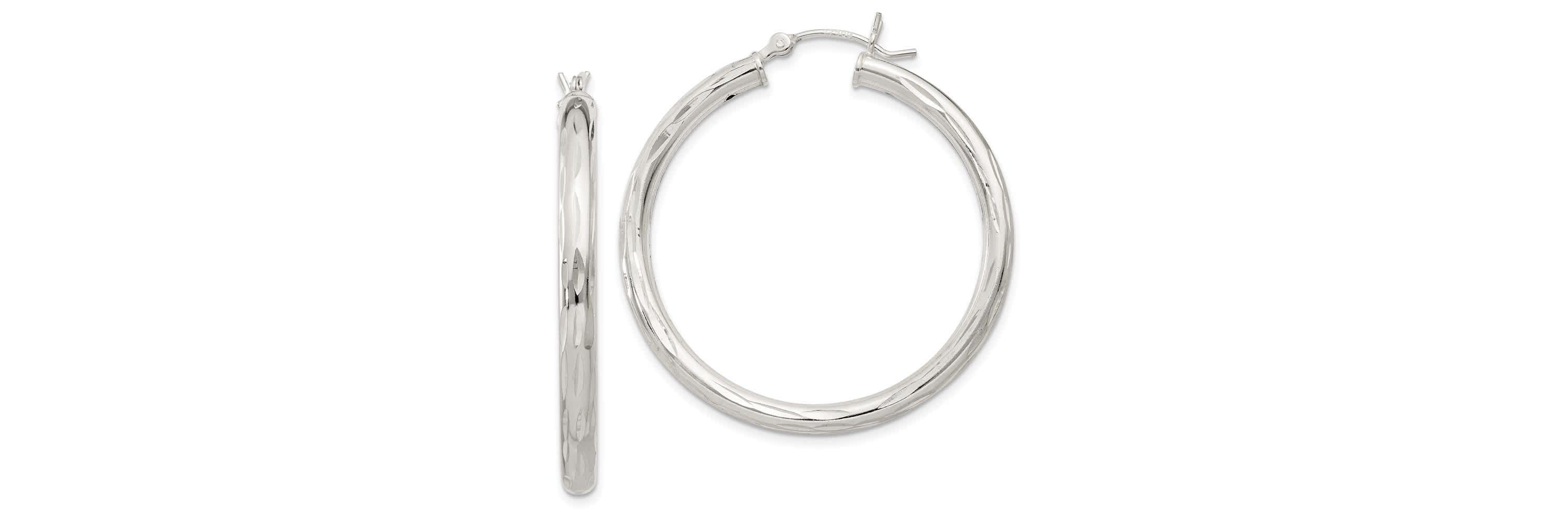 Sterling Silver Diamond-cut Satin 3x35mm Hoop Earrings