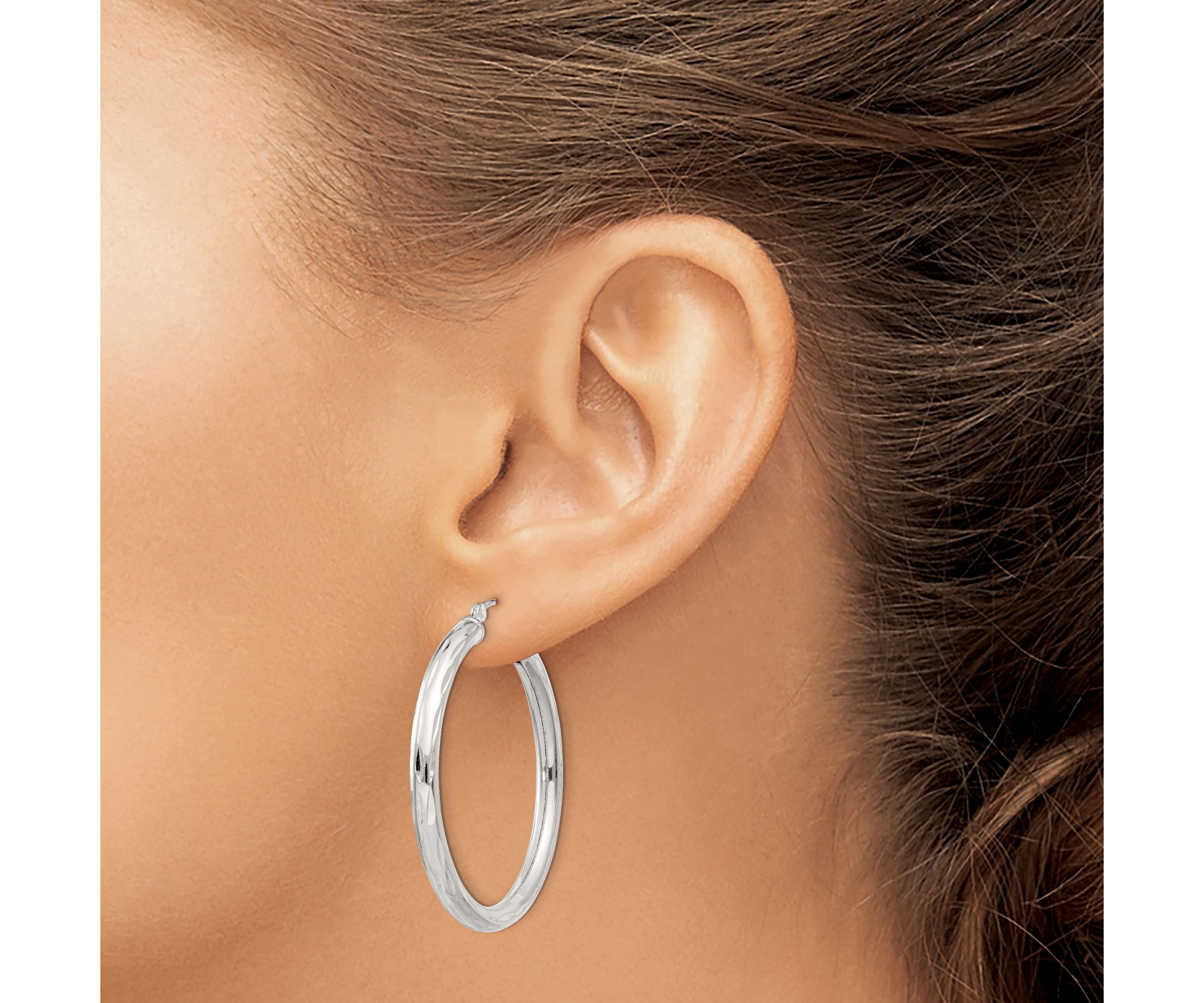 Sterling Silver Diamond-cut Satin 3x35mm Hoop Earrings