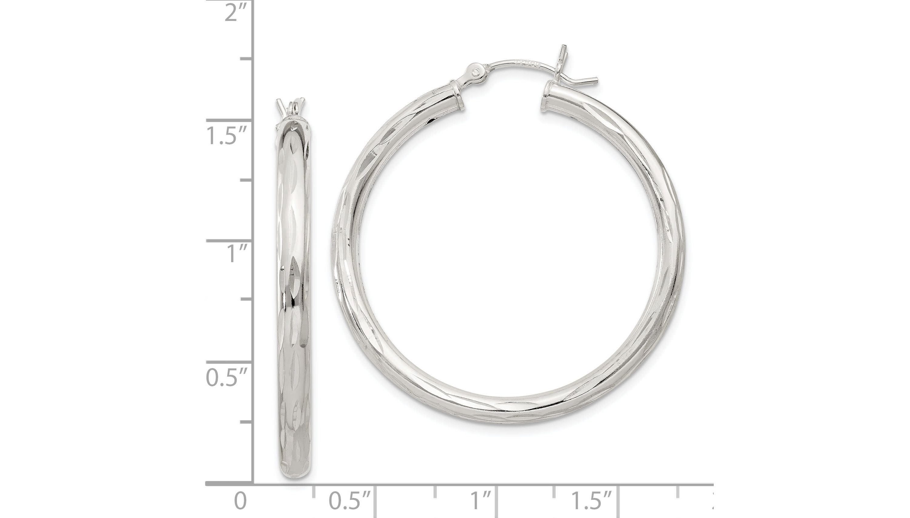 Sterling Silver Diamond-cut Satin 3x35mm Hoop Earrings