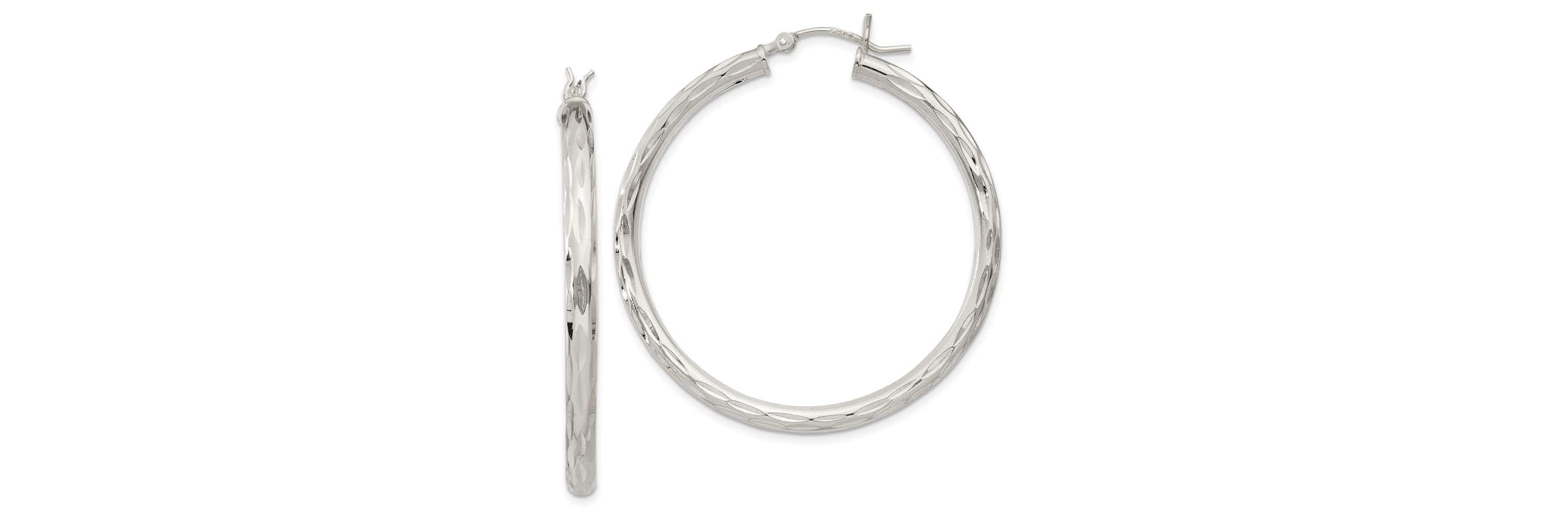 Sterling Silver Diamond-cut Satin 3x40mm Hoop Earrings