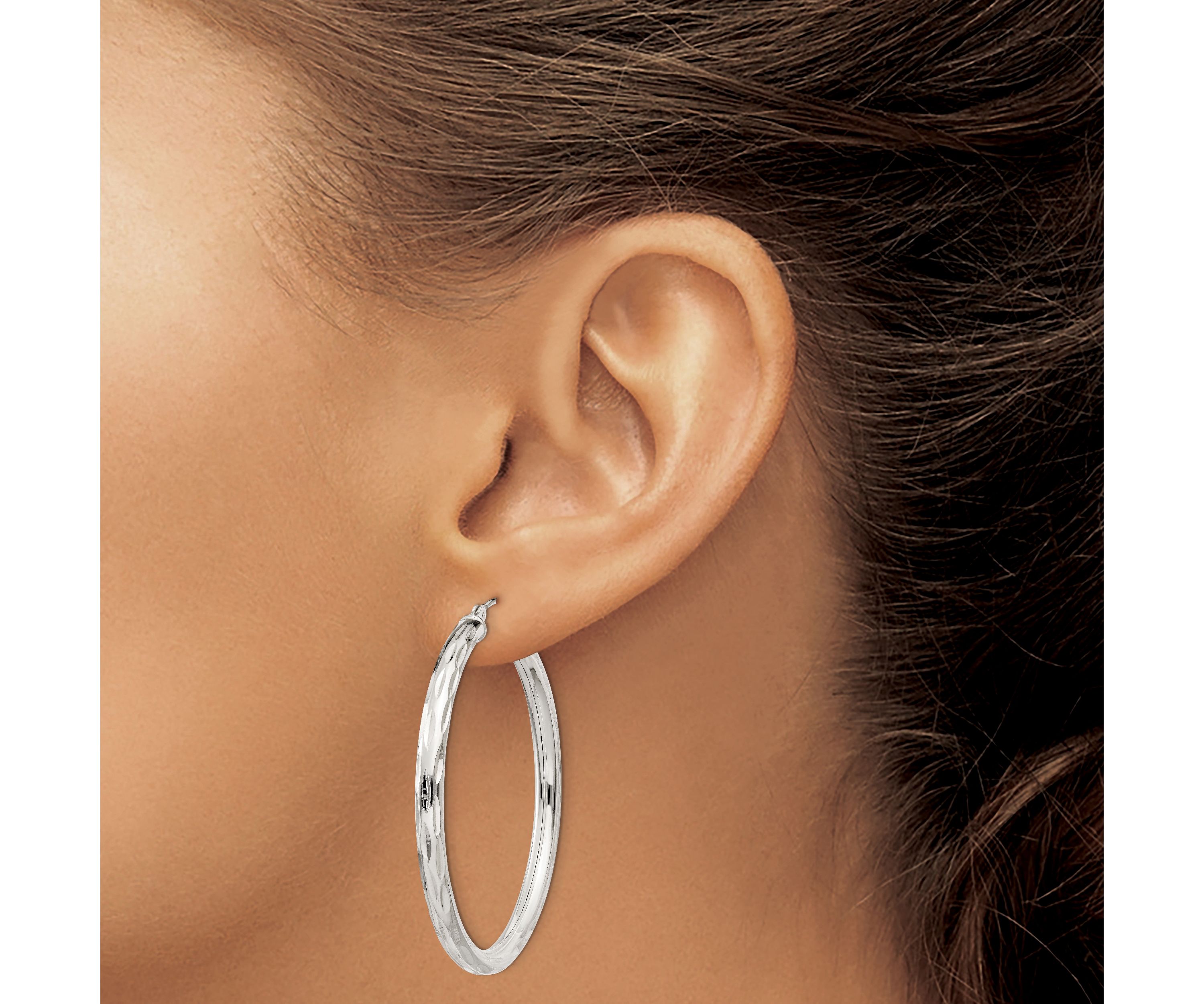 Sterling Silver Diamond-cut Satin 3x40mm Hoop Earrings