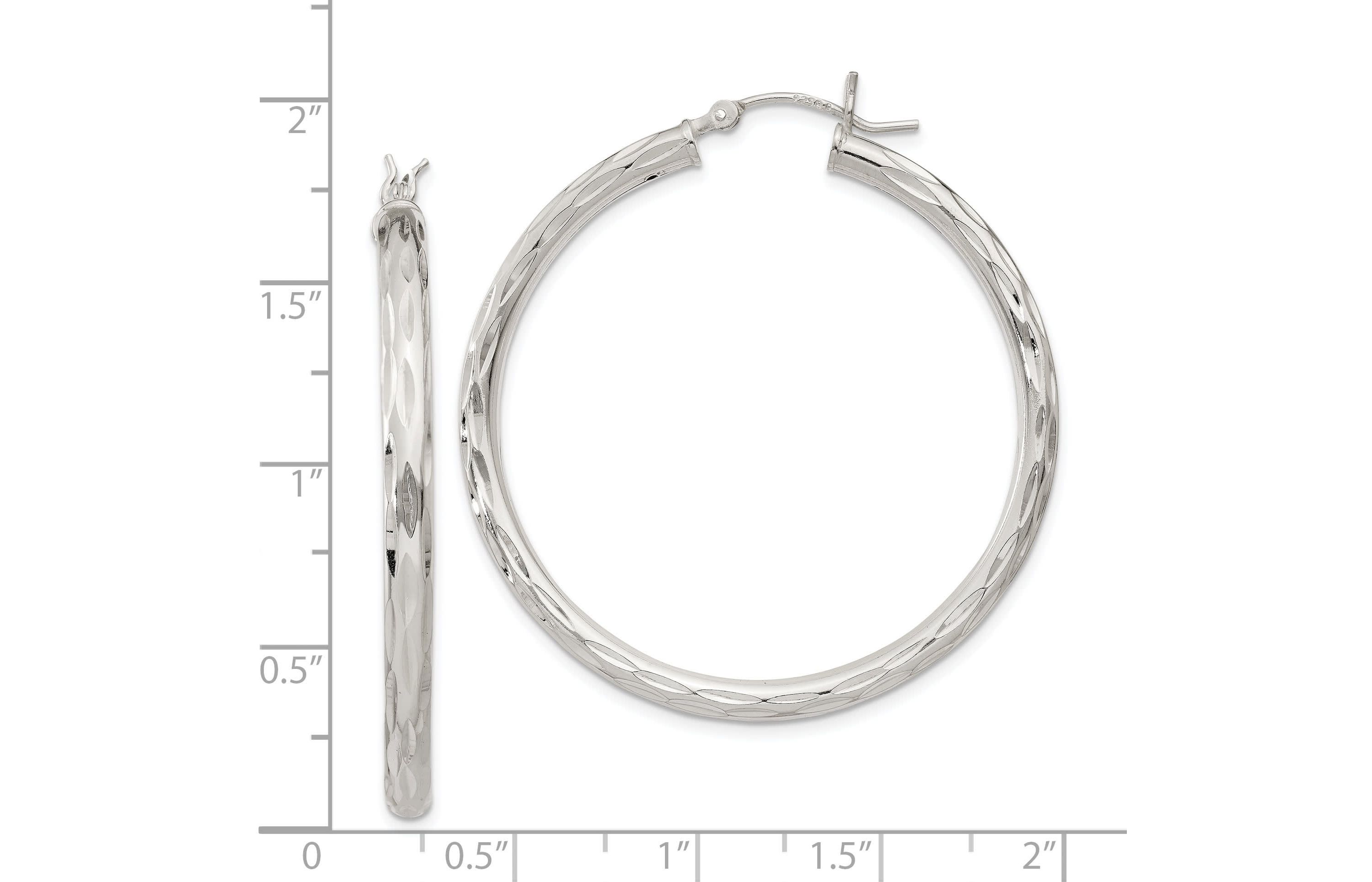 Sterling Silver Diamond-cut Satin 3x40mm Hoop Earrings