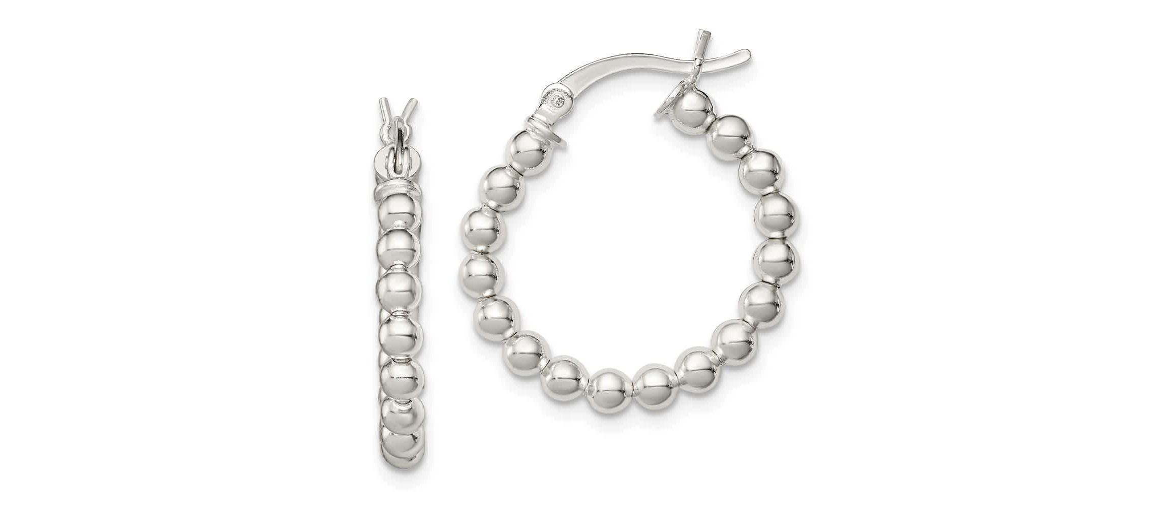 Sterling Silver Polished Beaded Hoop Earrings
