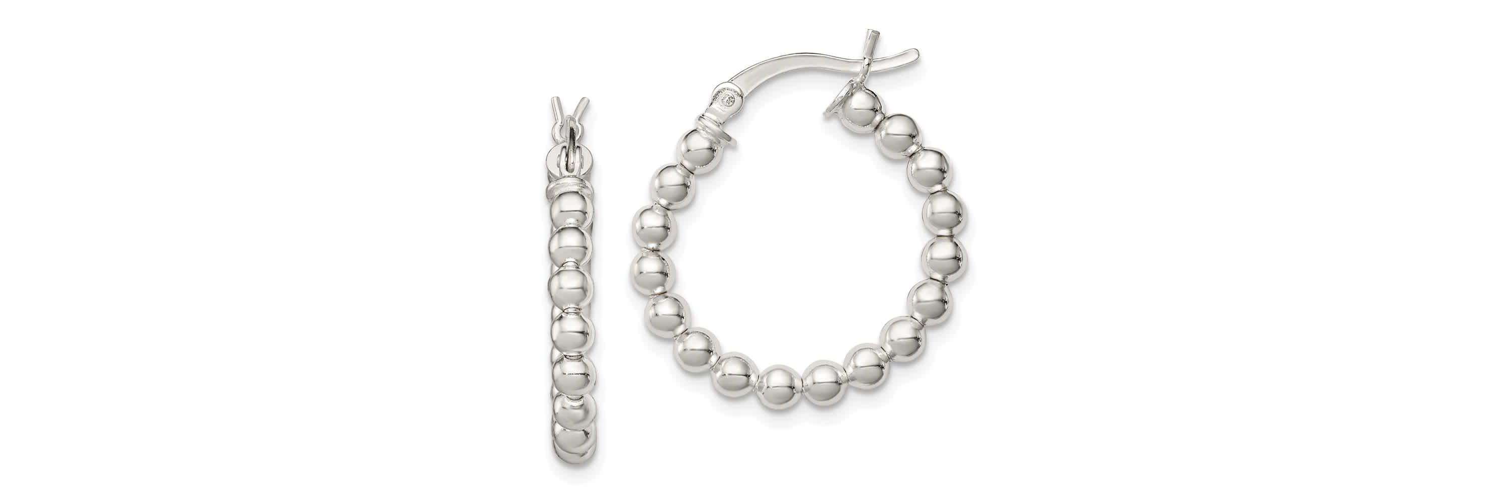 Sterling Silver Polished Beaded Hoop Earrings