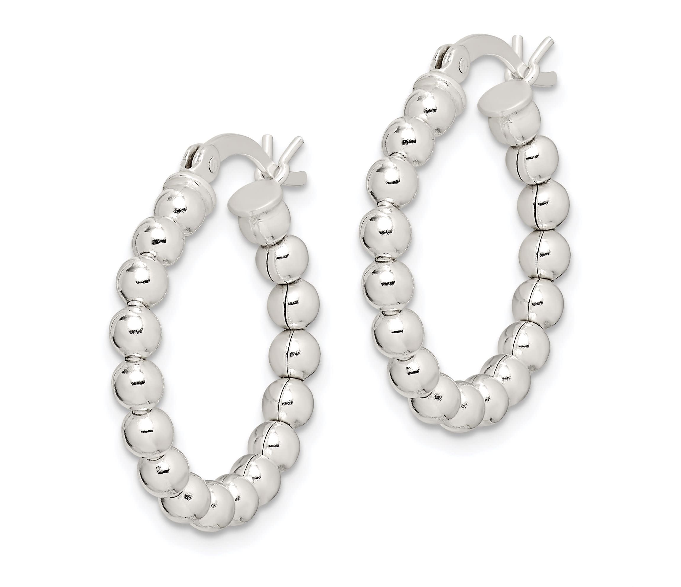 Sterling Silver Polished Beaded Hoop Earrings