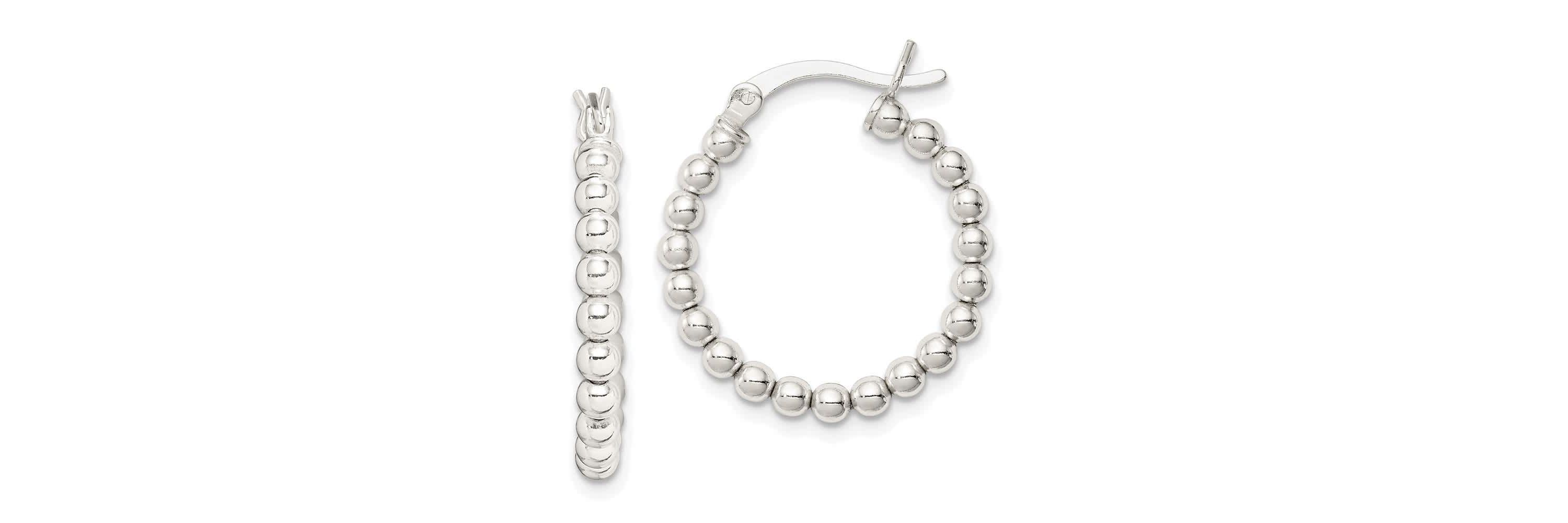 Sterling Silver Polished Beaded Hoop Earrings