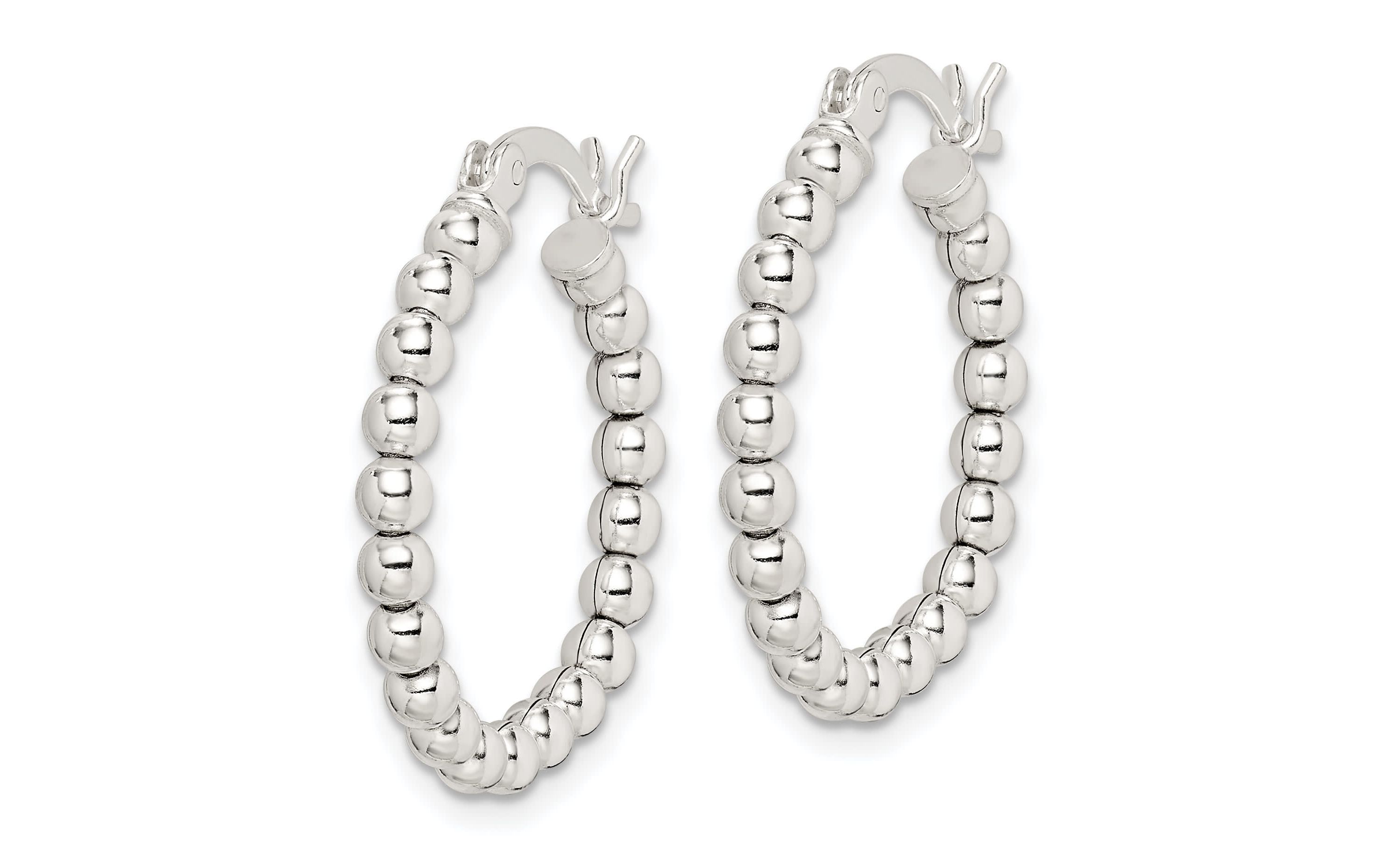 Sterling Silver Polished Beaded Hoop Earrings