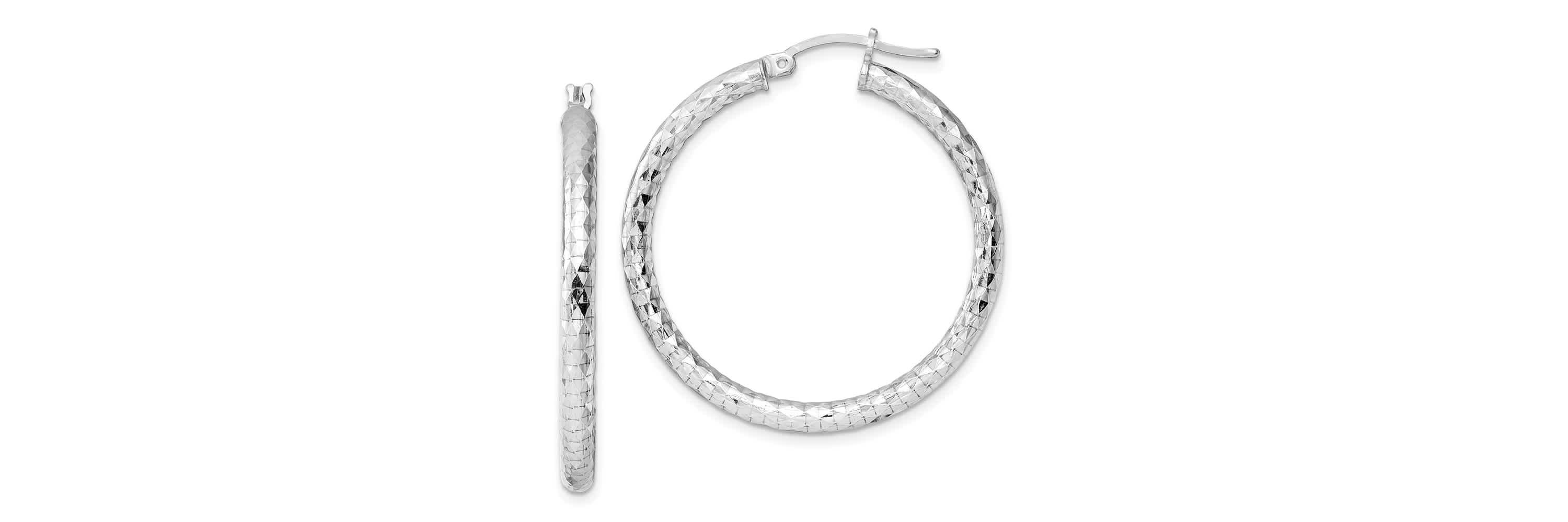 Sterling Silver Rhodium-plated 3mm Diamond-cut Hoop Earrings