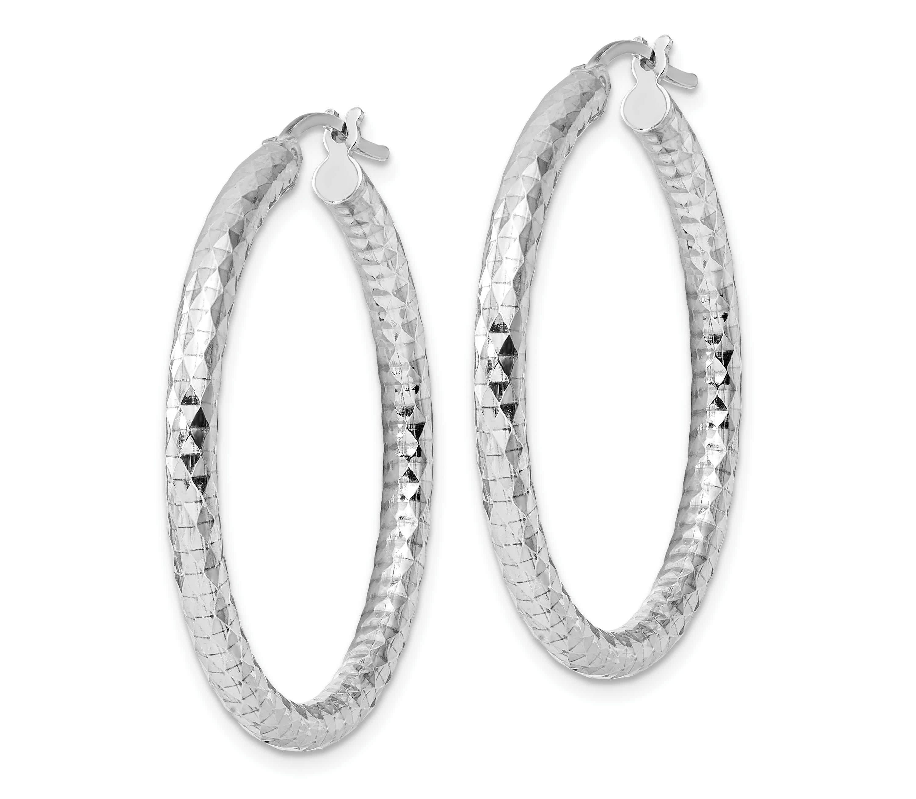 Sterling Silver Rhodium-plated 3mm Diamond-cut Hoop Earrings