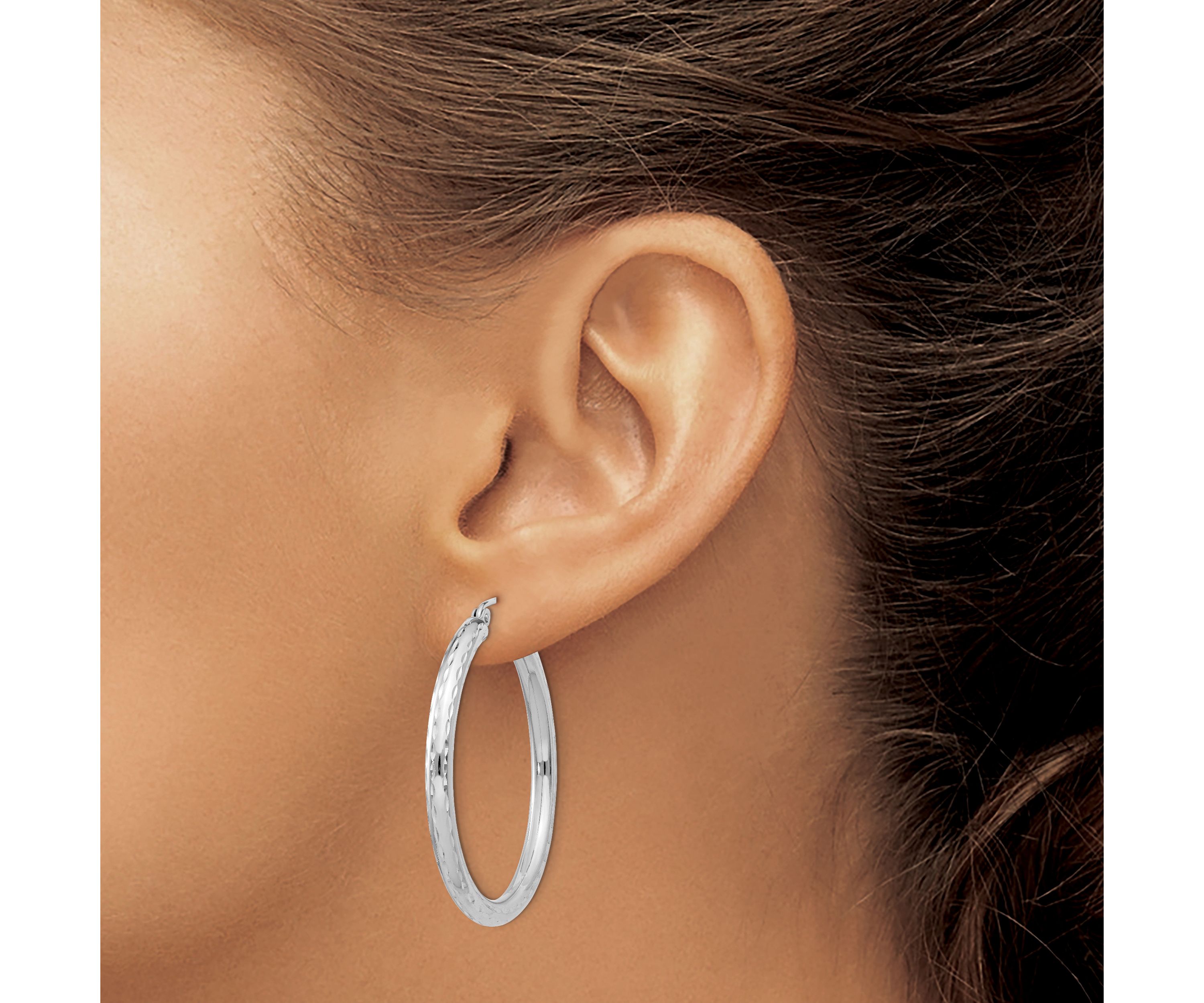 Sterling Silver Rhodium-plated 3mm Diamond-cut Hoop Earrings
