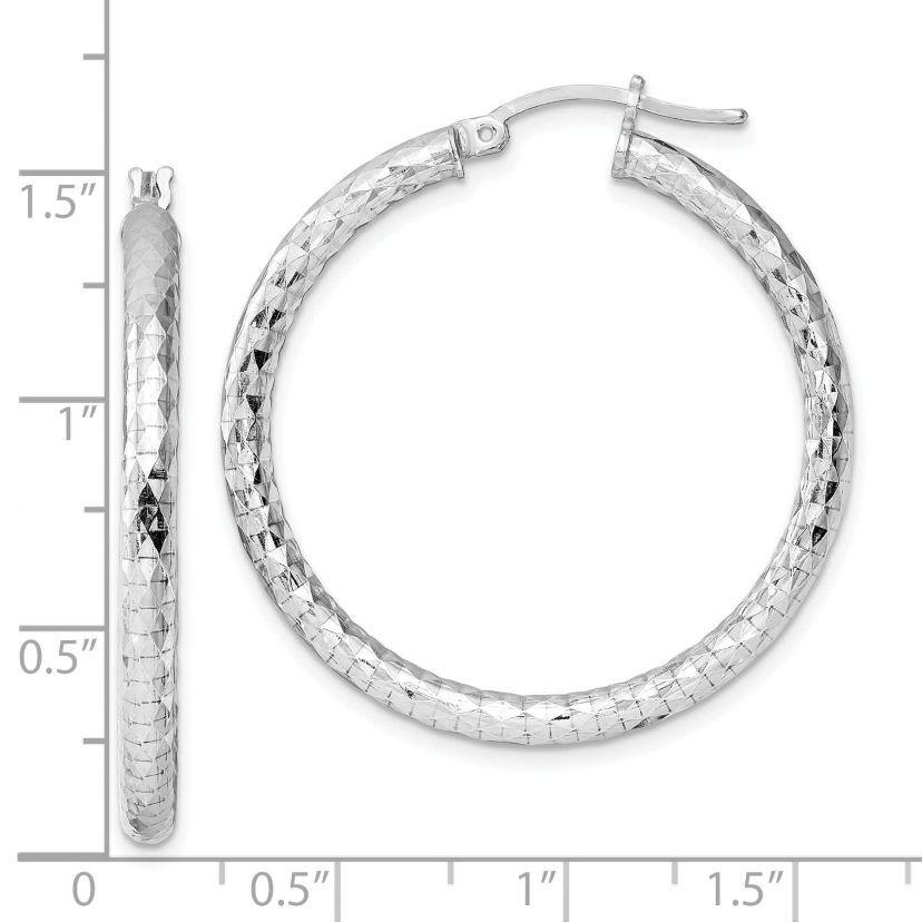 Sterling Silver Rhodium-plated 3mm Diamond-cut Hoop Earrings