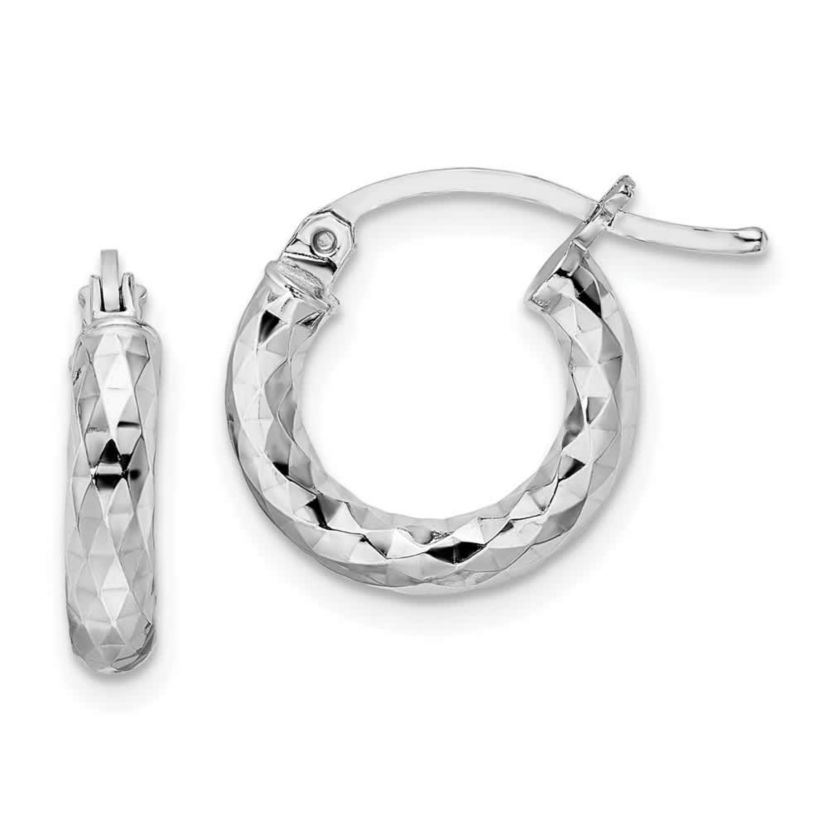 Sterling Silver Rhodium-plated 3mm Diamond-cut Hoop Earrings