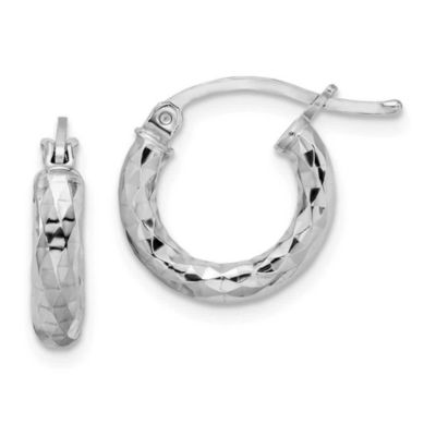 Luxury Giftware by Jere Sterling Silver Rhodium-plated Diamond-cut 3x20mm Hoop Earrings, White