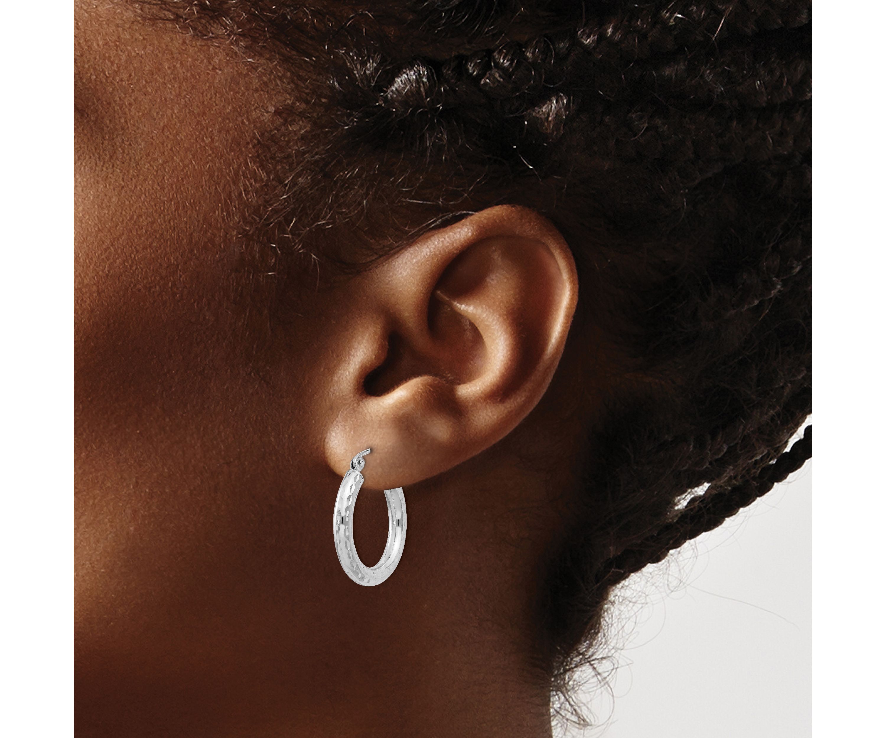Sterling Silver Rhodium-plated Diamond-cut 3x20mm Hoop Earrings