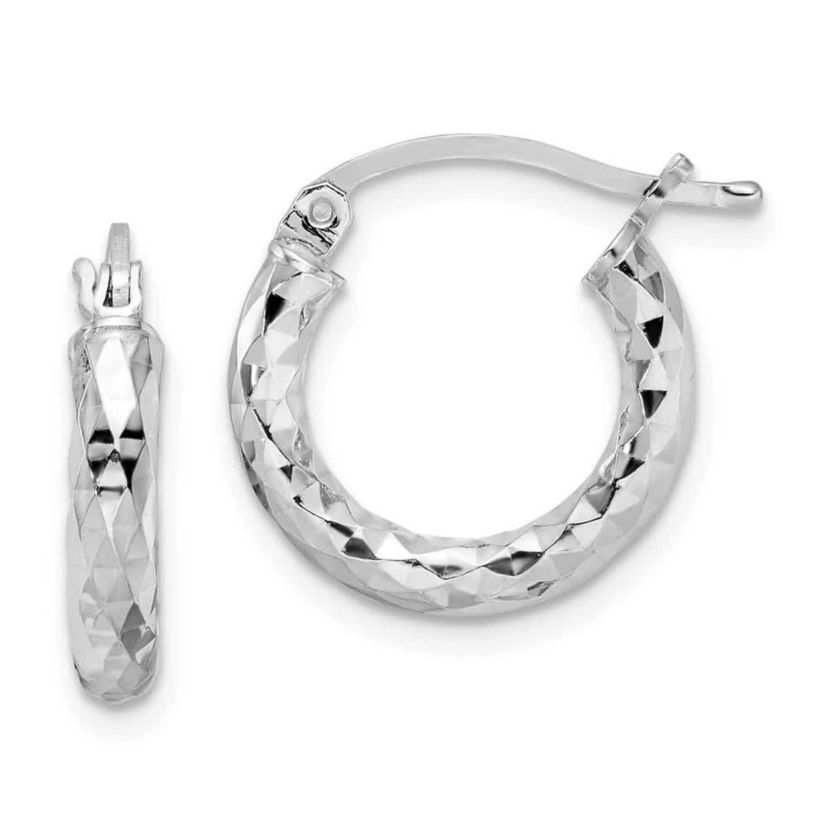 Sterling Silver Rhodium-plated 3mm Diamond-cut Hoop Earrings