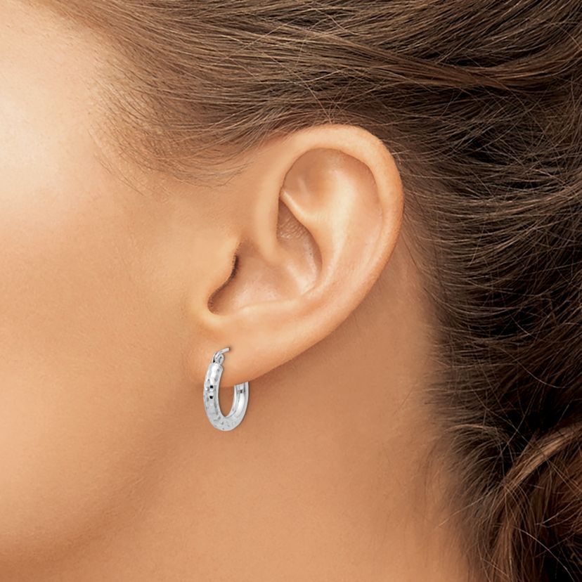 Sterling Silver Rhodium-plated 3mm Diamond-cut Hoop Earrings