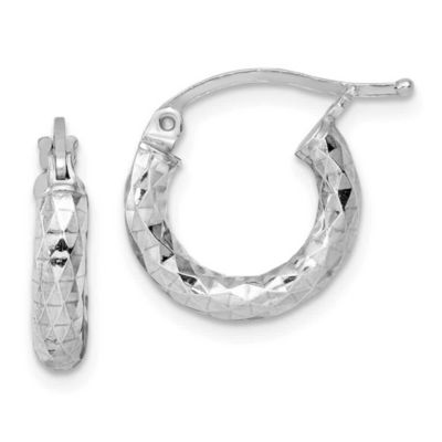 Luxury Giftware by Jere Sterling Silver Rhodium-plated 3mm Diamond-cut Hoop Earrings, White
