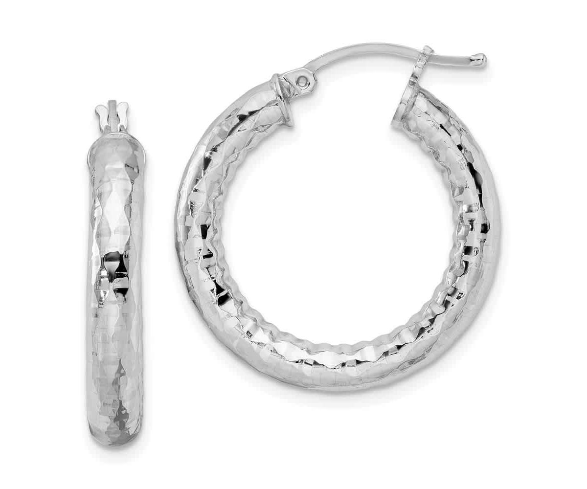 Sterling Silver Rhodium-plated 4mm Diamond-cut Hoop Earrings