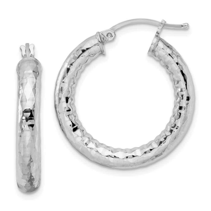 Sterling Silver Rhodium-plated 4mm Diamond-cut Hoop Earrings