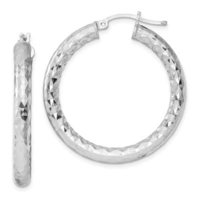 Luxury Giftware by Jere Sterling Silver Rhodium-plated 4mm Diamond-cut Hoop Earrings, White