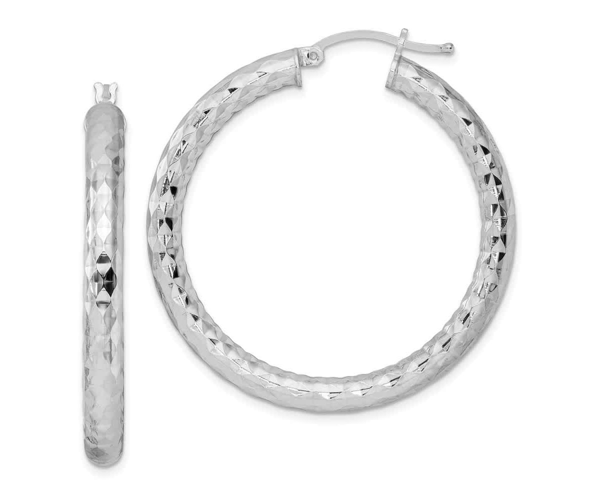 Sterling Silver Rhodium-plated 4mm Diamond-cut Hoop Earrings