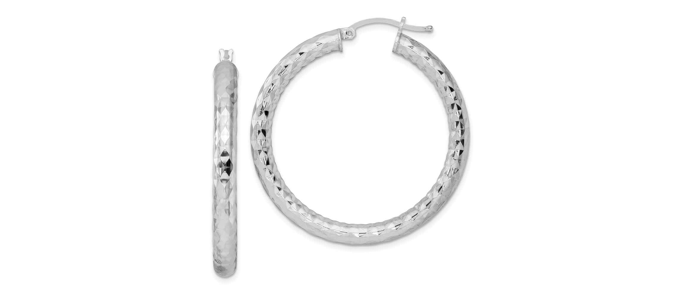 Sterling Silver Rhodium-plated 4mm Diamond-cut Hoop Earrings
