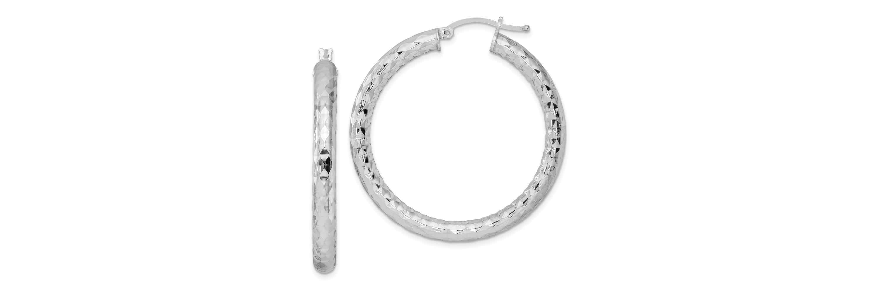 Sterling Silver Rhodium-plated 4mm Diamond-cut Hoop Earrings