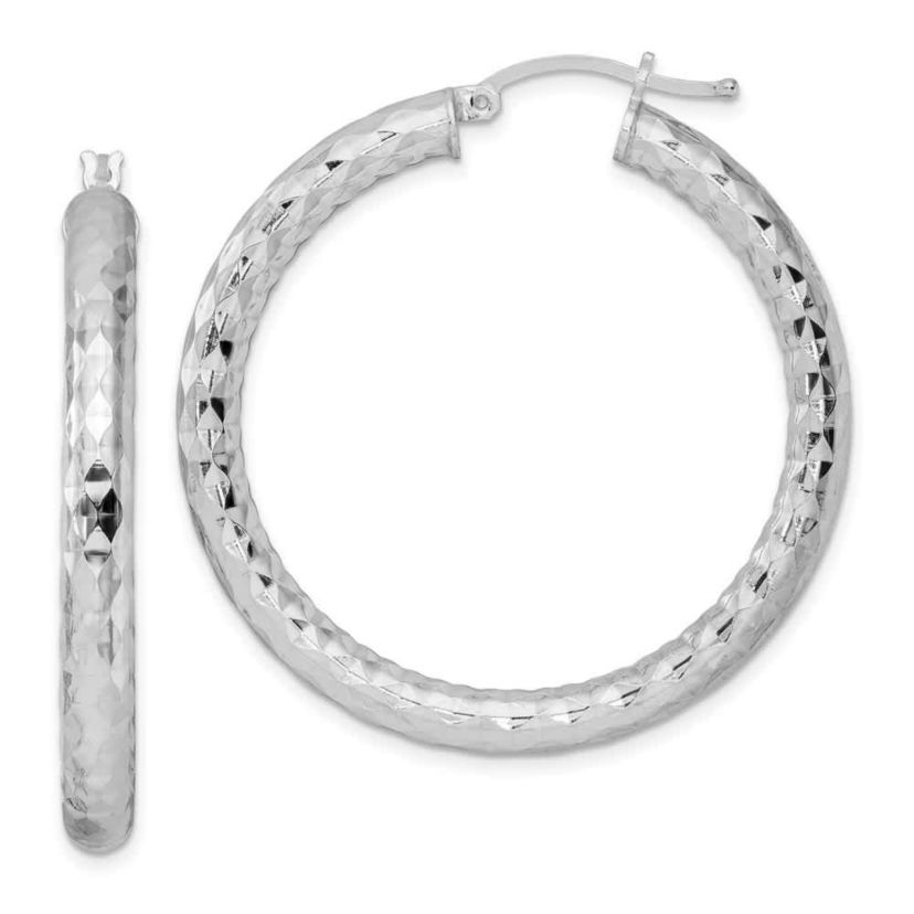 Sterling Silver Rhodium-plated 4mm Diamond-cut Hoop Earrings