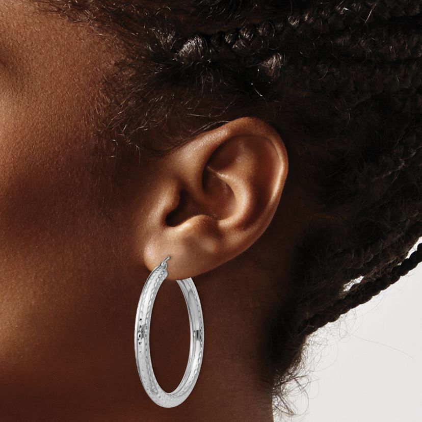 Sterling Silver Rhodium-plated 4mm Diamond-cut Hoop Earrings
