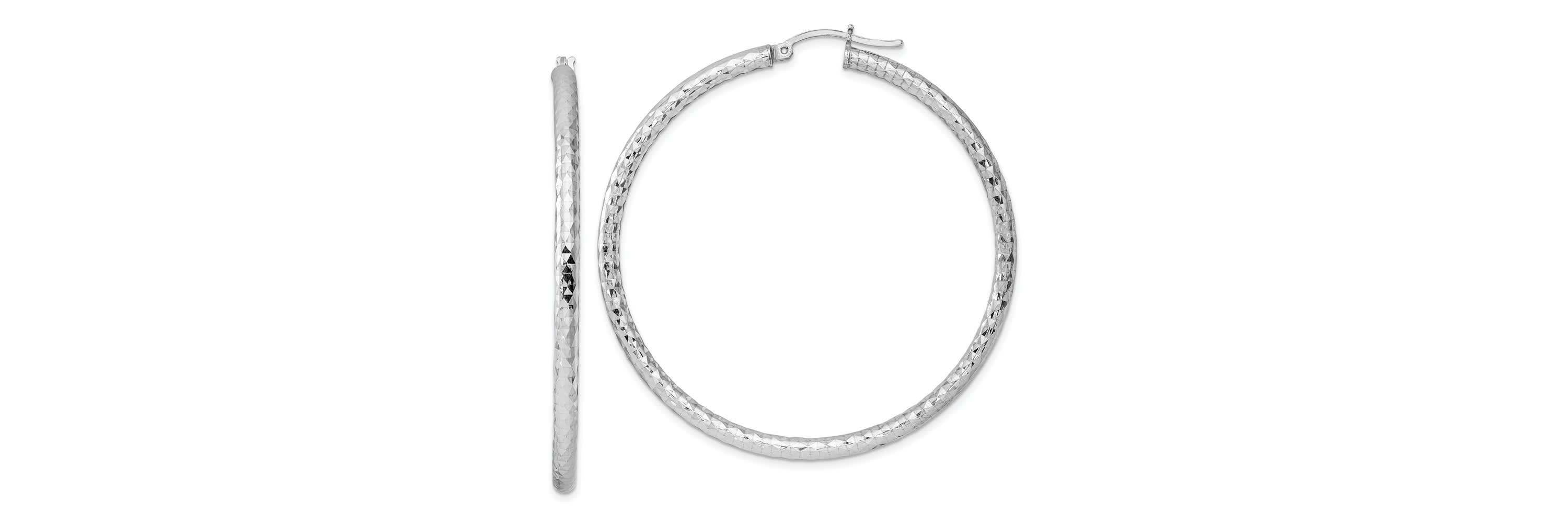 Sterling Silver Rhodium-plated 3mm Diamond Cut Hoop Earrings