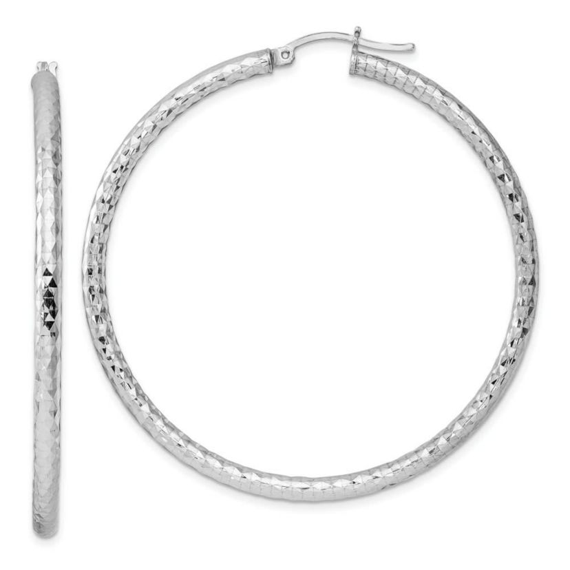 Sterling Silver Rhodium-plated 3mm Diamond Cut Hoop Earrings