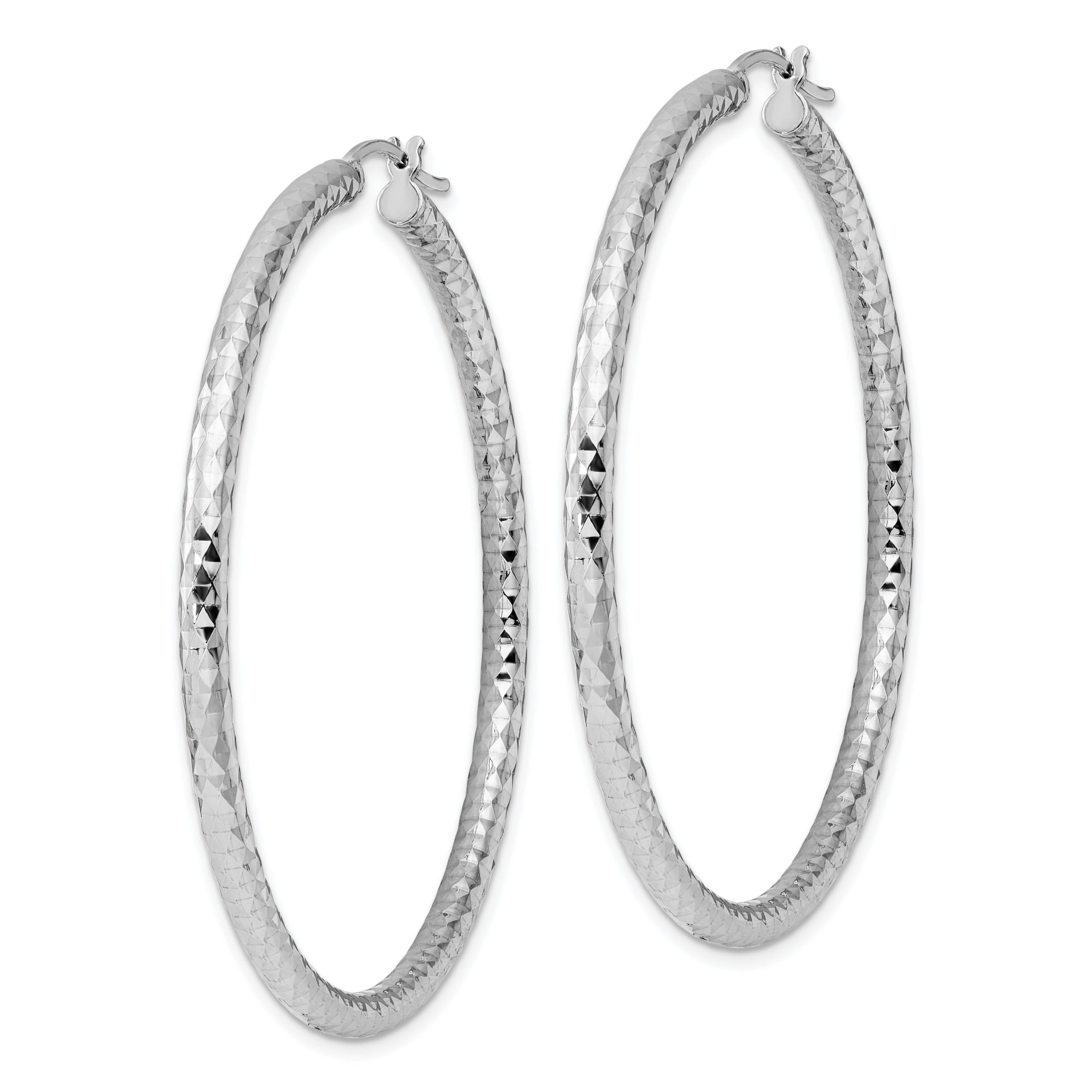 Sterling Silver Rhodium-plated 3mm Diamond Cut Hoop Earrings