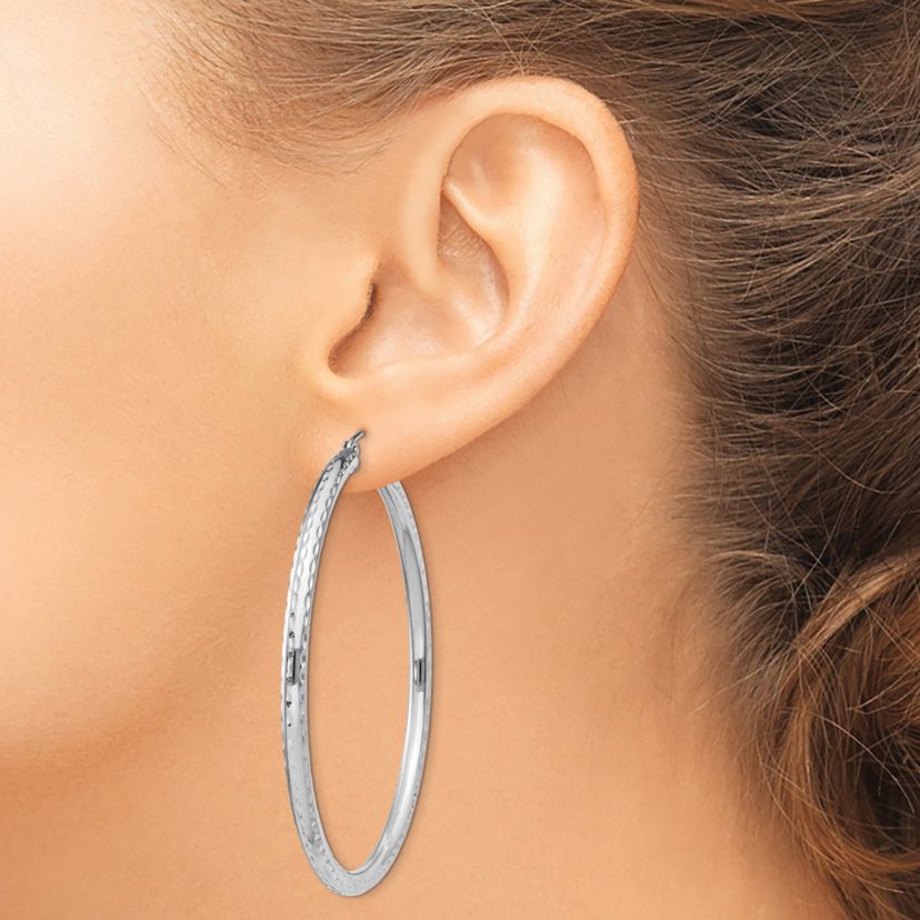 Sterling Silver Rhodium-plated 3mm Diamond Cut Hoop Earrings