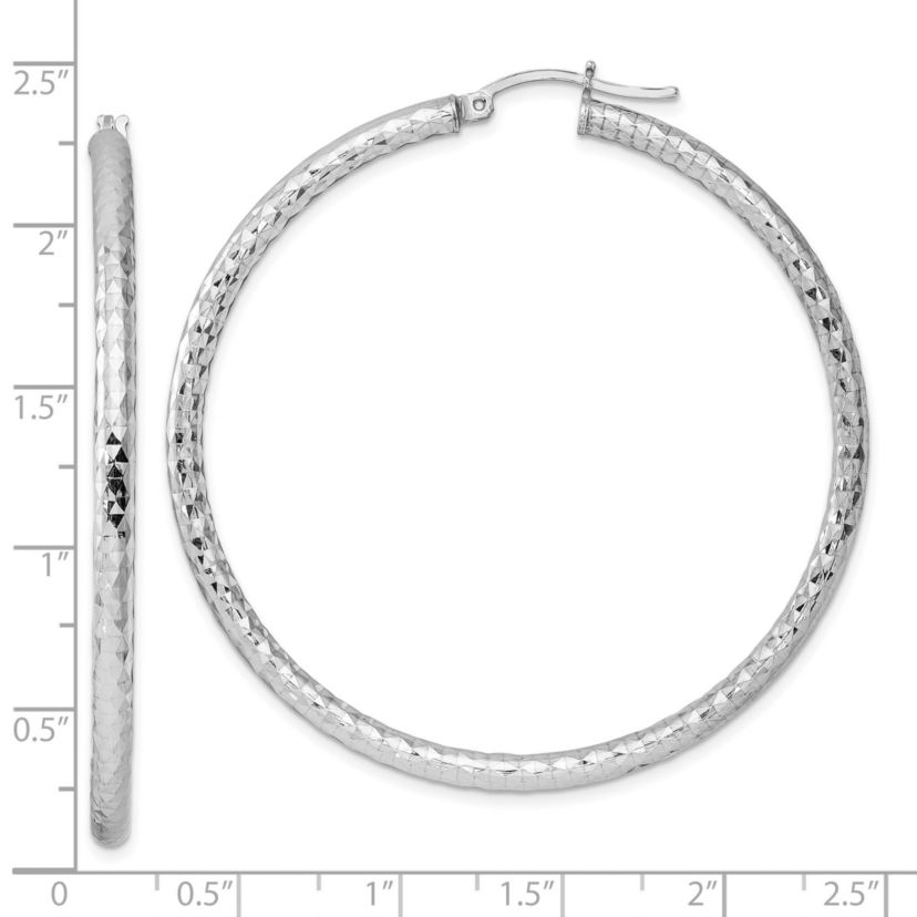 Sterling Silver Rhodium-plated 3mm Diamond Cut Hoop Earrings