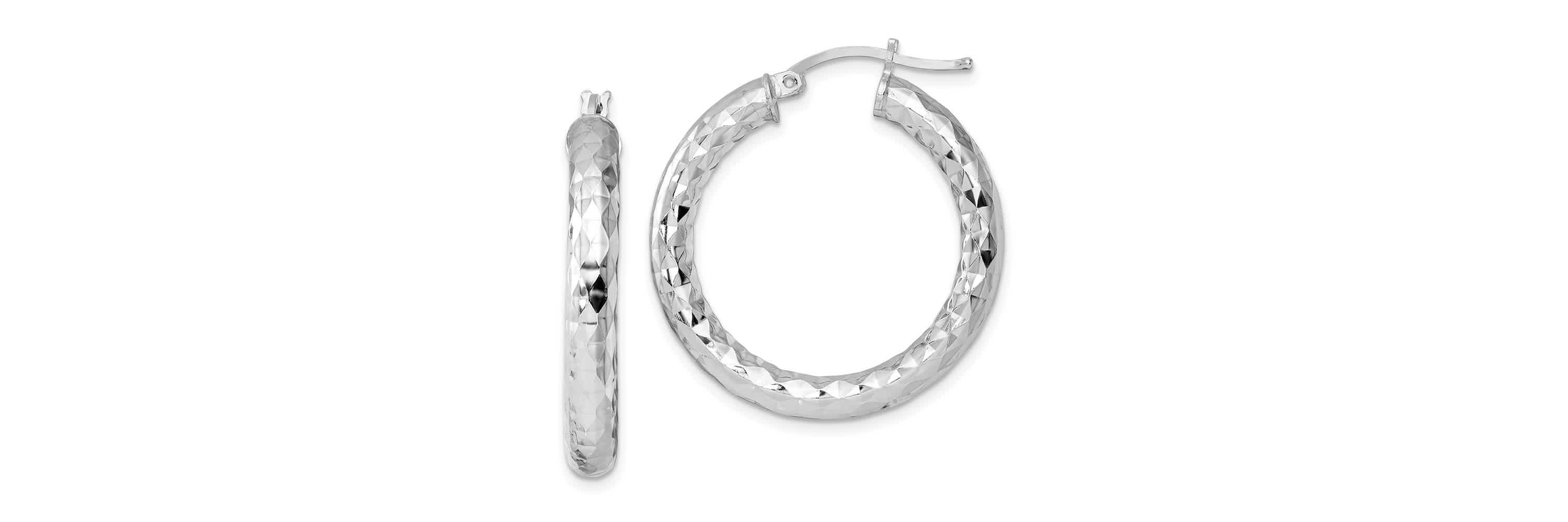 Sterling Silver Rhodium-plated 4mm Diamond Cut Hoop Earrings