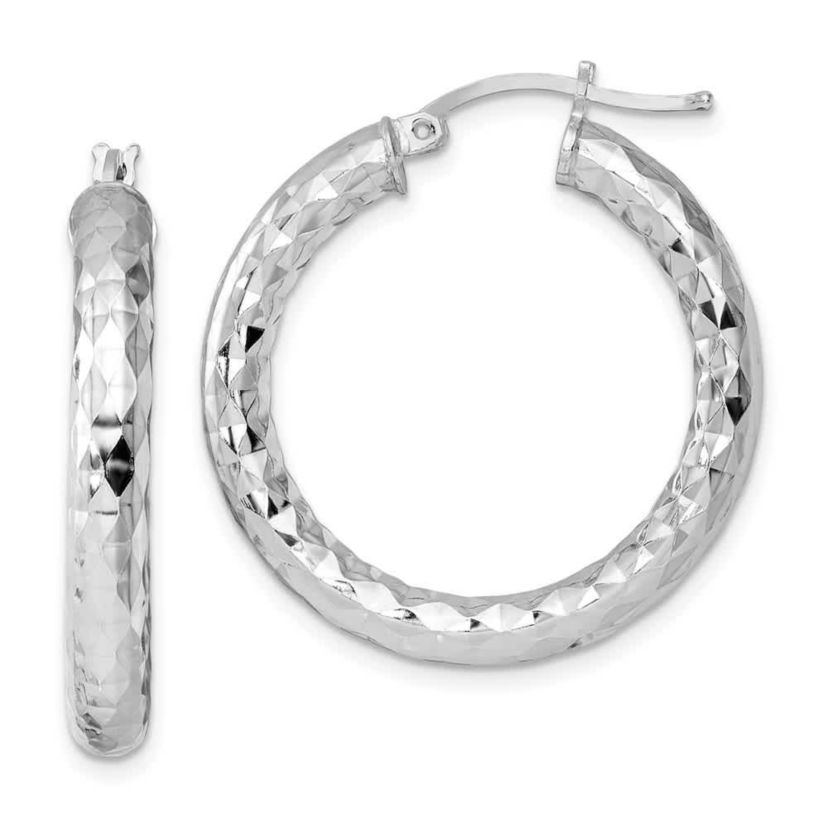 Sterling Silver Rhodium-plated 4mm Diamond Cut Hoop Earrings