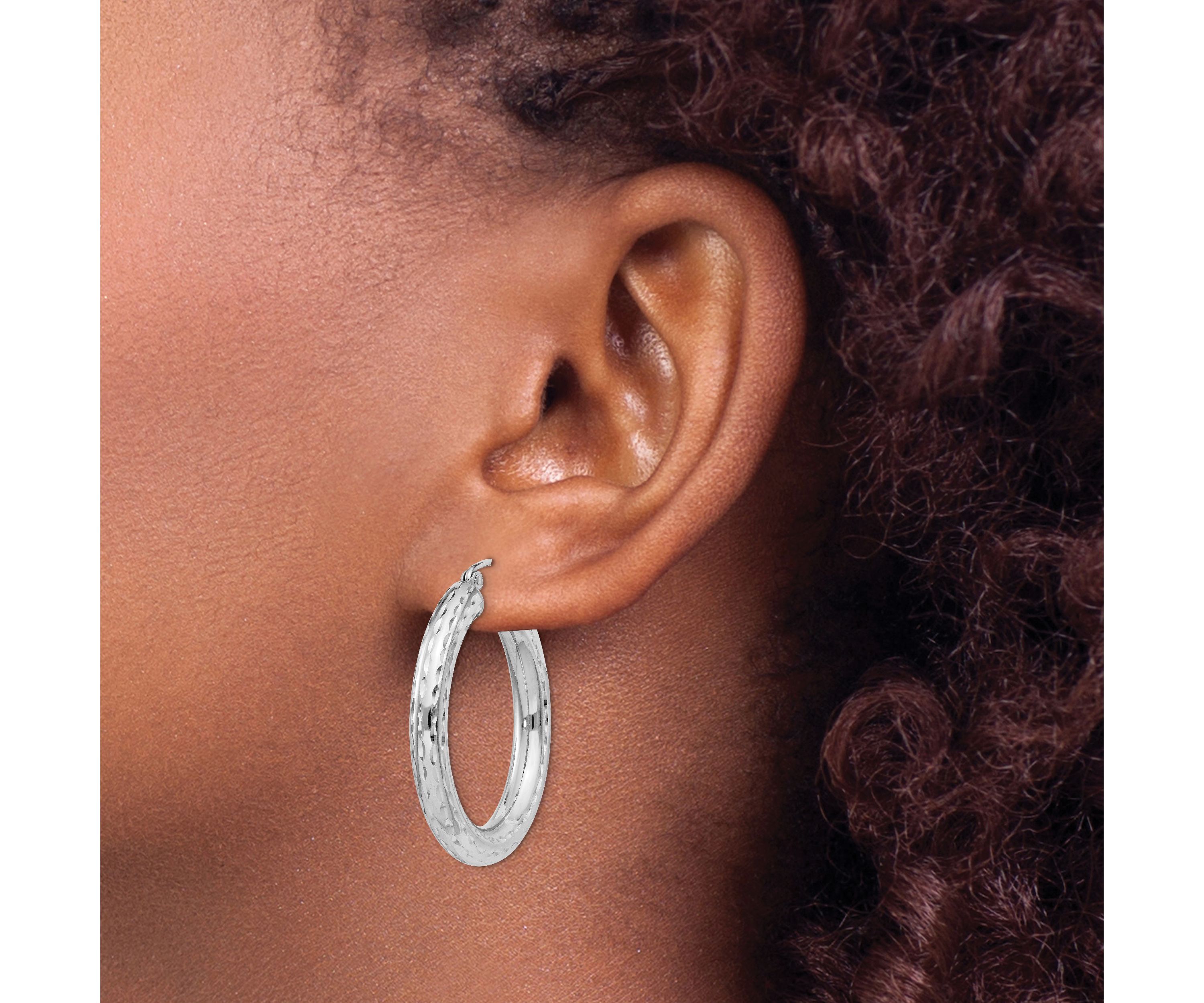 Sterling Silver Rhodium-plated 4mm Diamond Cut Hoop Earrings