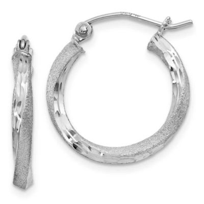 Luxury Giftware by Jere Sterling Silver Rhodium-plated Satin Diamond-cut 2.5x18mm Twisted Hoop Earrings, White