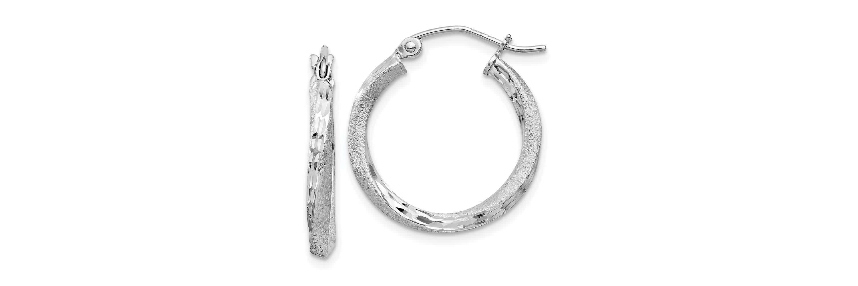 Sterling Silver Rhodium-plated Satin Diamond-cut 2.5x20mm Twisted Hoop Earrings