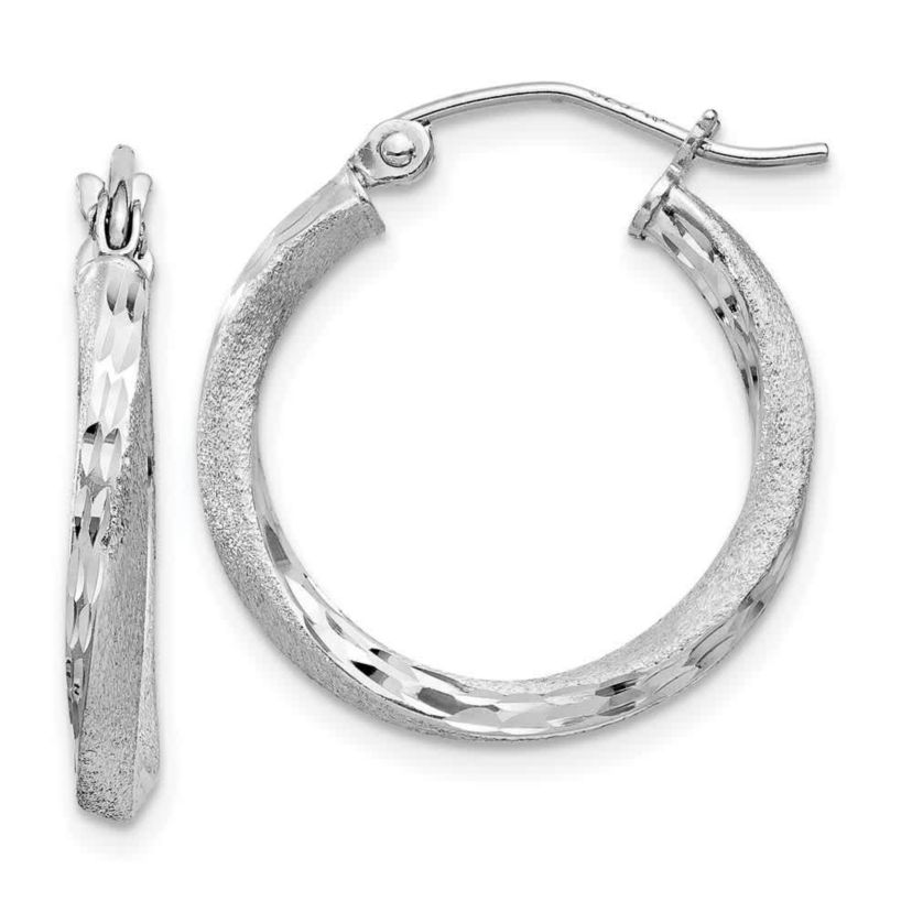 Sterling Silver Rhodium-plated Satin Diamond-cut 2.5x20mm Twisted Hoop Earrings