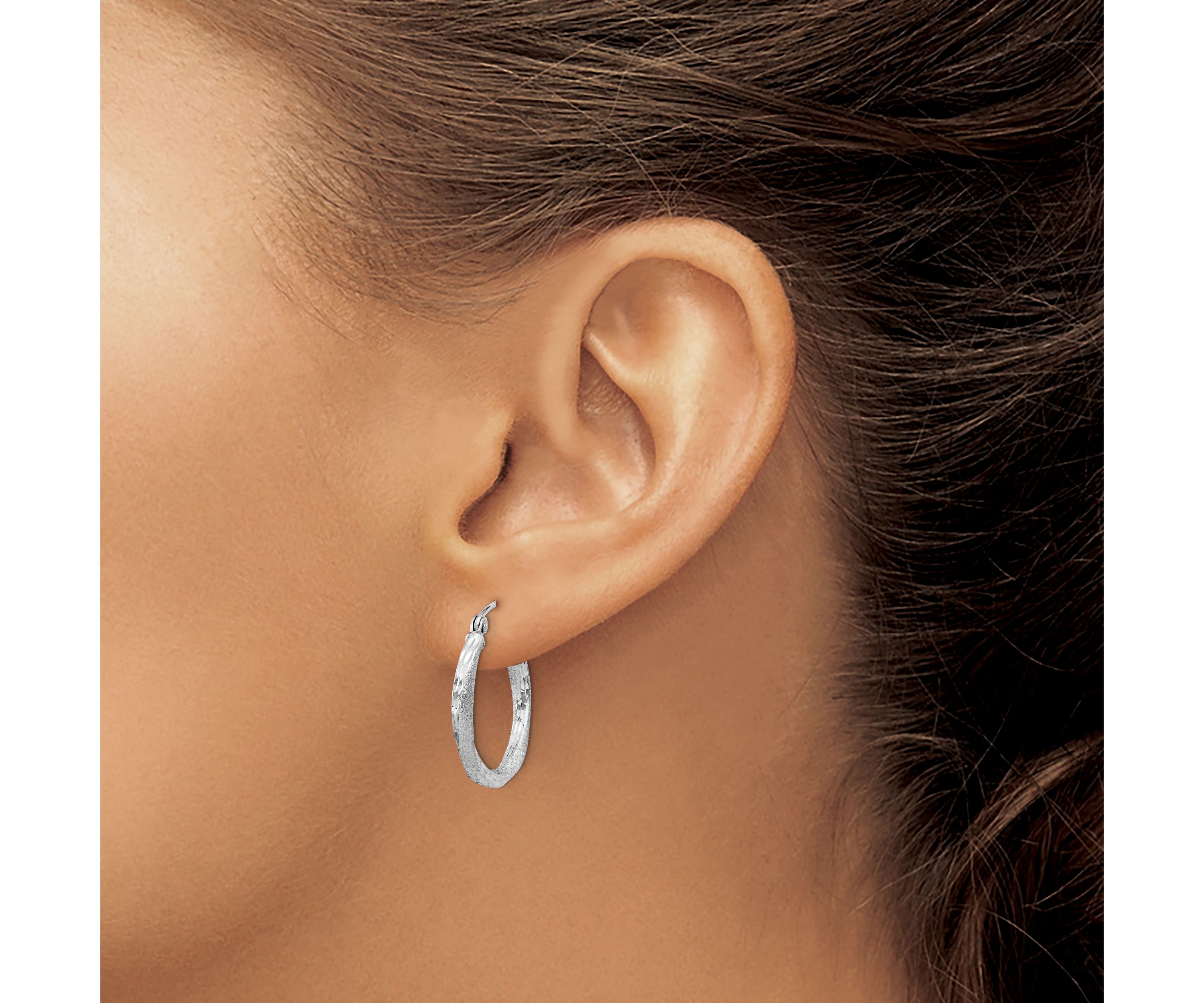 Sterling Silver Rhodium-plated Satin Diamond-cut 2.5x20mm Twisted Hoop Earrings